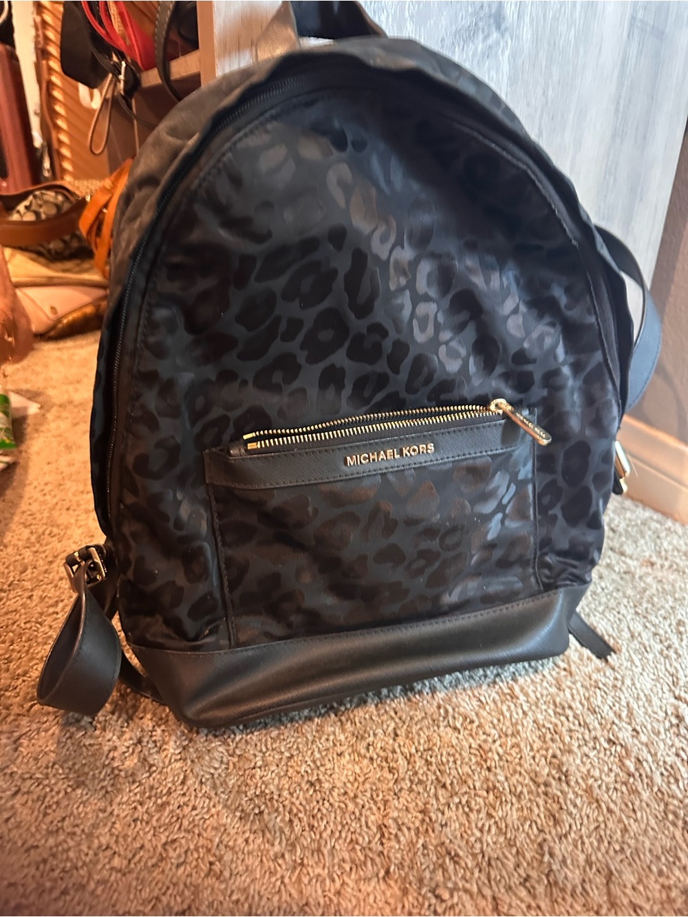 Michael Kors Black Leopard-Print Backpack with Gold Hardware